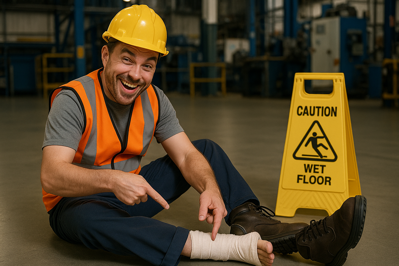 Trabalhador sorrindo ao apontar para tornozelo enfaixado ao lado de placa 'Wet Floor' — ilustração de simulação de acidente de trabalho investigada por detetive particular